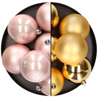 12x stuks kunststof kerstballen 8 cm mix van lichtroze en goud   - - thumbnail