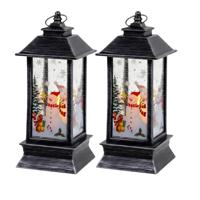 Ruhhy Kerstlantaarn - 2x - zilver/zwart - 12 x 5 cm - kunststof - LED licht - lantaarn