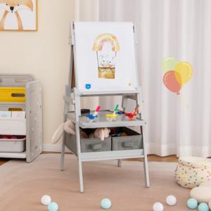 3-In-1 Kinderezel Dubbelzijdige Staande Ezel met Schoolbord en Whiteboard Papierrol 3 Potten Verf en 2 Opbergbakken voor Kinderen