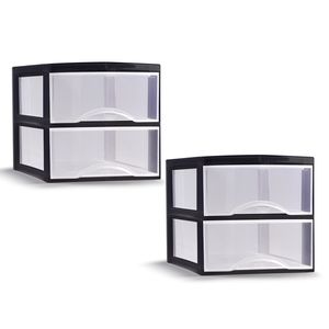 Ladeblokje/bureau organizer - 2x - 2 lades - transparant/zwart - L26 x B36 x H25 cm - plastic