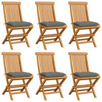 Tuinstoelen 6 st met grijze kussens massief teakhout
