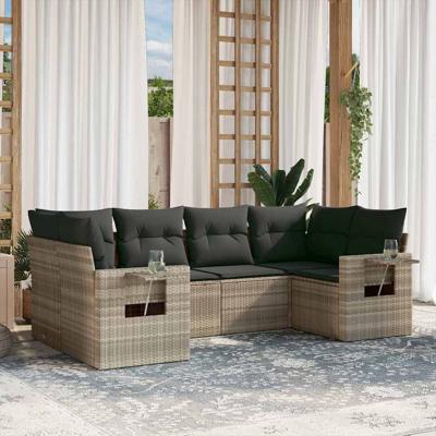 6-delige Loungeset met kussens poly rattan lichtgrijs