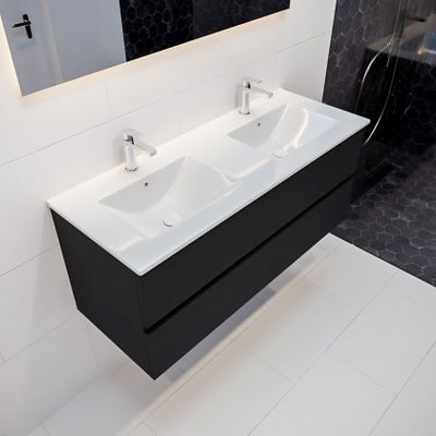 Mondiaz Vica Denia badmeubel zwart mat 120 cm 2 lades keramiek dubbele spoelbak 2 kraangaten