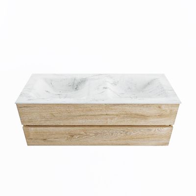MONDIAZ VICA-DLUX 130cm badmeubel onderkast Washed Oak 2 lades. Inbouw wastafel CLOUD dubbel 2 kraangaten, kleur Opalo.