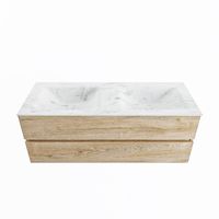 MONDIAZ VICA-DLUX 130cm badmeubel onderkast Washed Oak 2 lades. Inbouw wastafel CLOUD dubbel 2 kraangaten, kleur Opalo.
