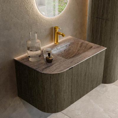 Badmeubel Mondiaz Kurve-Dlux | 75 cm | Meubelkleur Shadow | Wastafelkleur Oza | Solid surface | Wasbak rechter zijde spoelbak | 1 kraangat