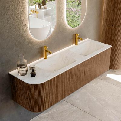 Mondiaz KURVE-DLUX 155 cm Onderkast Greeploos 2 Lades Met Deuren Walnut, Wastafel Solid Surface Rechts Opalo 2 Kraangaten Zonder Spiegel (KRVLEA155L2L1D2KD-Wal/Opa)