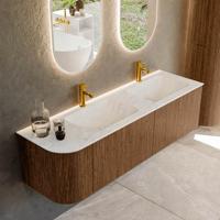 Mondiaz KURVE-DLUX 155 cm Onderkast Greeploos 2 Lades Met Deuren Walnut, Wastafel Solid Surface Rechts Opalo 2 Kraangaten Zonder Spiegel (KRVLEA155L2L1D2KD-Wal/Opa)
