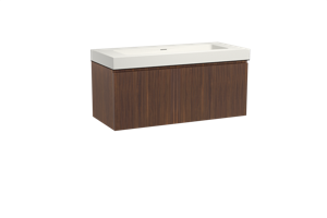 Storke Ribs zwevend badmeubel 120 x 52 cm notenhout met Mata High enkele wastafel in solid surface mat wit Verticale symmetrische rechte ribbel