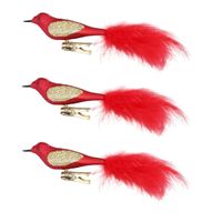 3x stuks decoratie vogels op clip rood 20 cm   -