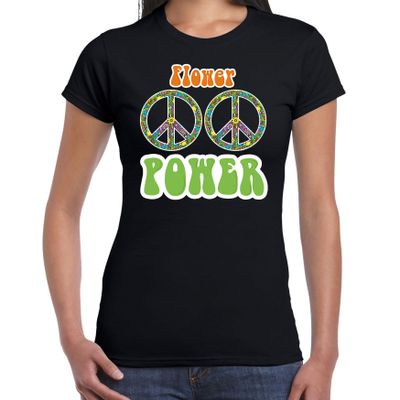 Jaren 60 Flower Power verkleed shirt zwart met peace tekens dames