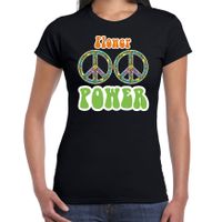 Jaren 60 Flower Power verkleed shirt zwart met peace tekens dames