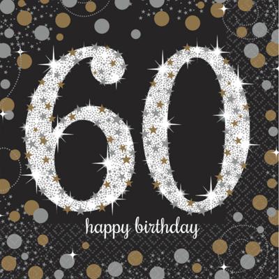 Feest servetten 60e verjaardag - 16x st - zwart - 33 x 33 cm - confetti print - 60 jaar