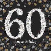 Feest servetten 60e verjaardag - 16x st - zwart - 33 x 33 cm - confetti print - 60 jaar