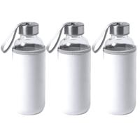 Waterfles/drinkfles Bidon - 3x - met softshell bescherm hoes - wit - glas - 420 ml - Sportfles