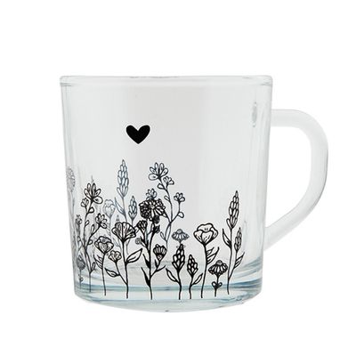 Theeglas 200ml met zwarte bloemen