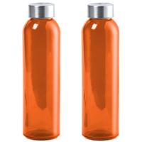 Glazen waterfles/drinkfles/sportfles - 2x - oranje transparant - met RVS dop - 500 ml