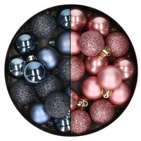 28x stuks kleine kunststof kerstballen velvet roze en nachtblauw 3 cm - thumbnail