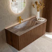 Badmeubel Mondiaz Kurve-Dlux | 115 cm | Meubelkleur Walnut | Wastafelkleur Oza | Solid surface | Wasbak linker zijde spoelbak | 1 kraangat