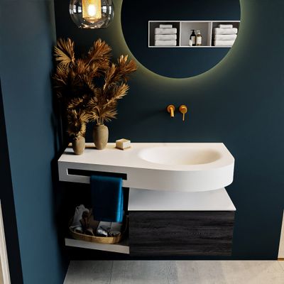 MONDIAZ RIVA 100cm badmeubel onderkast / planchet kleur Antracite met 1 lade. Wastafel DULCET rechts 0 kraangaten kleur Talc. MONDIAZ RIVA 100cm badmeubel onderkast / planchet kleur Antracite met 1 lade. Wastafel DULCET rechts 0 kraangaten kleur Talc.