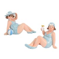 Woonkamer decoratie beeldjes set van 2 dikke dames - blauw badpak - 17 cm - thumbnail