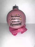 Kerstbal glas 8 cm tekst 'Wij vieren altijd Carnaval' Roze