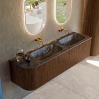 Badmeubel Mondiaz Kurve-Dlux | 165 cm | Meubelkleur Walnut | Wastafelkleur Lava | Solid surface | Dubbele spoelbak | Zonder kraangat(en)