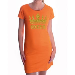 Oranje Koningsdag Queen jurkje met gouden glitters en kroon dames