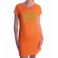 Oranje Koningsdag Queen jurkje met gouden glitters en kroon dames - thumbnail