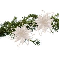 Kerstboomversiering bloemen op clip - 2x st- wit - 14 cm - glitters - thumbnail