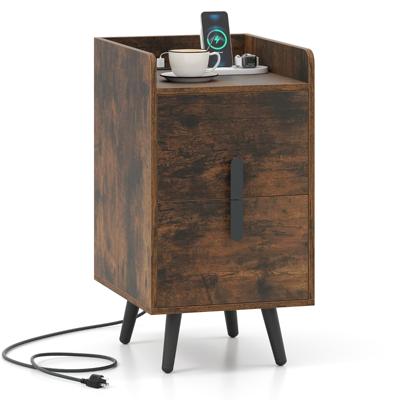 Nachtkastje met Oplaadstation Smal Nachtkastje met Twee Laden Bijzettafel met Metalen Poten 40 x 32 x 60 cm