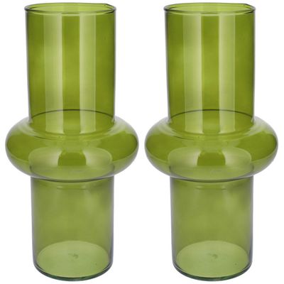 Bloemenvaas - 2x - groen - transparant gerecycled glas - D15 x H31 cm