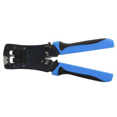 RJ45 strip-knip-krimptang met sperinrichting voor het aanknijpen van stekkertjes elektromonteurs