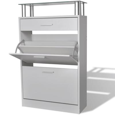 Schoenenkast met lade en glazen schap wit hout