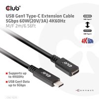 CLUB3D USB Gen1 Type-C Extensie kabel 5Gbps 60W(20V/3A) 4K60Hz M/F 1m/3.28ft - thumbnail