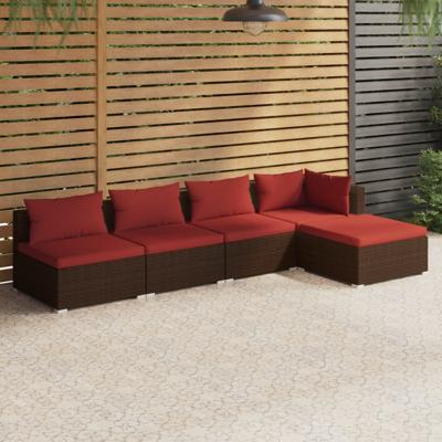 5-delige Loungeset met kussens poly rattan bruin