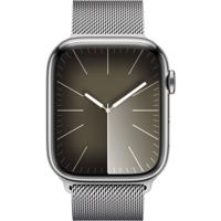 Apple - Watch Series 9 - GPS + Cellular - 45mm - Silver Stainless Steel Hoes met Silver Milanese Loop - thumbnail