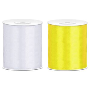 2x rollen hobby decoratie satijnlint geel-wit 10 cm x 25 meter