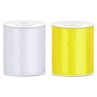 2x rollen hobby decoratie satijnlint geel-wit 10 cm x 25 meter - thumbnail