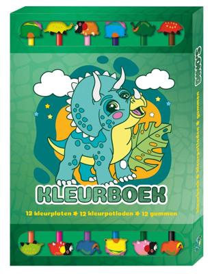 Kleurboek Box met 12 potloden en gummen - Dino&apos;s (Paperback)
