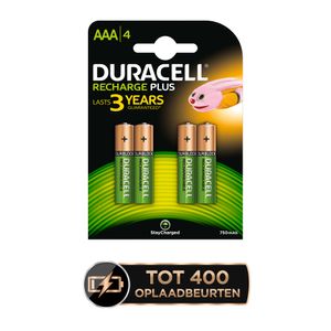 Duracell oplaadbare batterijen Recharge Plus AAA, blister van 4 stuks