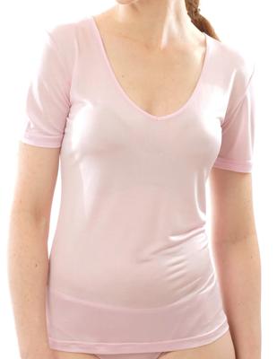 Zijden Dames T-Shirt met V-Hals Alkena Kleur Zacht rose Maat Extra Extra Large