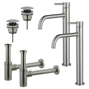 Fortifura Calvi Slim Wastafelkraanset - voor dubbele wastafel - verhoogde wastafelkraan - klikwaste plug - design sifon - Geborsteld RVS PVD (RVS) 2x SW377859/2x SW696201/2x SW696212
