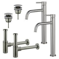 Fortifura Calvi Slim Wastafelkraanset - voor dubbele wastafel - verhoogde wastafelkraan - klikwaste plug - design sifon - Geborsteld RVS PVD (RVS) 2x SW377859/2x SW696201/2x SW696212