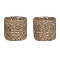 2x stuks naturel bruin rotan planten pot mand van gedraaid jute/riet H12 en D12 cm