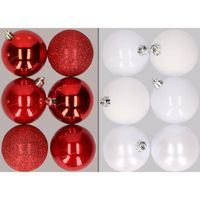 12x stuks kunststof kerstballen mix van rood en wit 8 cm - thumbnail