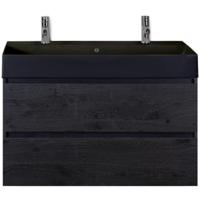 Maxx XL Badmeubelset 100 cm - Black Oak - Wastafel Kube Zwart 2 Kraangaten