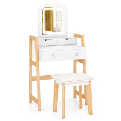 Houten Make-uptafel met Kruk & Spiegel & 3 Lades Kaptafel 64 x 41 x 137 cm Wit