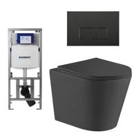 QeramiQ Dely Toiletset - 36.3x51.7cm - diepspoel - rimless - Geberit UP320 Burda inbouwreservoir - softclose toiletzitting - mat zwarte bedieningsplaat - rechtehoekige knoppen - zwart mat SW1026253/0701131/SW706193/SW1000768