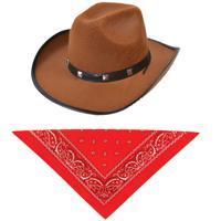 Carnaval verkleed hoed voor een cowboy - bruin - polyester - heren/dames - incl. bandana